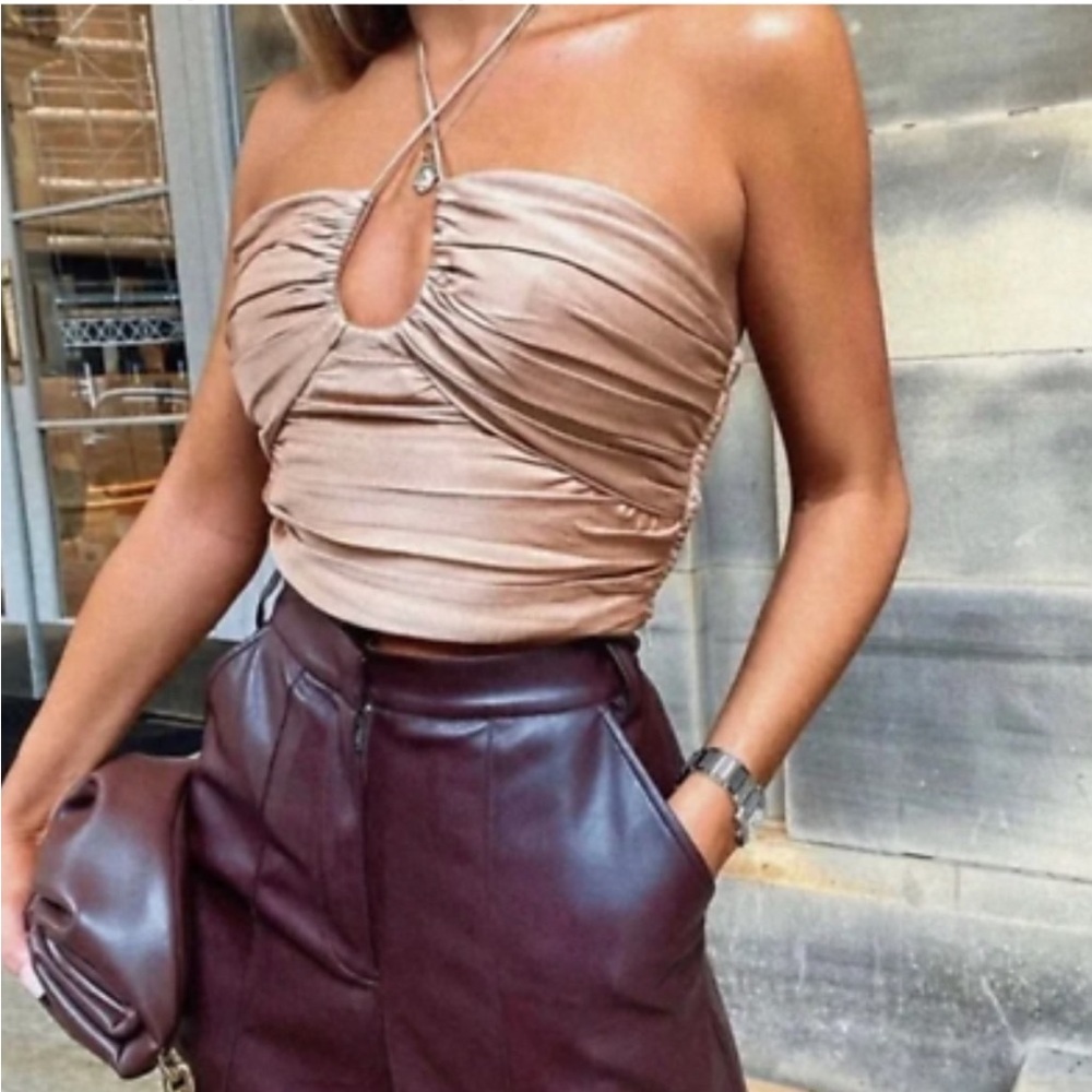 Zara NWT ruched satin halter top crop top — army green color only - Picture 2 of 8